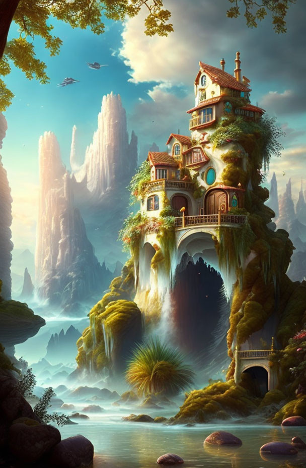 Fantasy landscape with cliff house, waterfall, floating islands