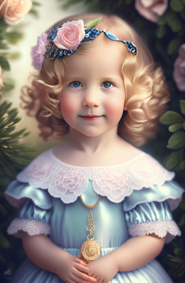 Young girl portrait with curly hair, blue dress, floral headband, locket, green leaf backdrop