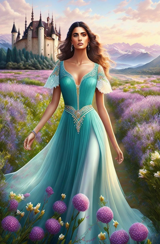 Woman in teal dress in lavender field with castle and purple sky