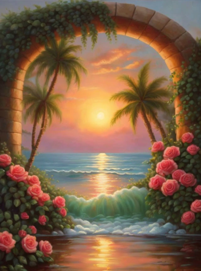 Ocean sunset framed by palm trees and roses in archway