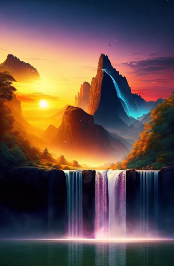 Digital artwork of luminous purple waterfall against sunset sky