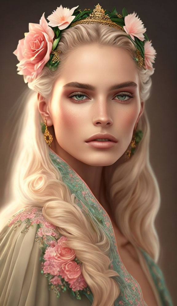 Woman portrait with floral headpiece, green eyes, blonde hair, earrings, and rose-patterned green