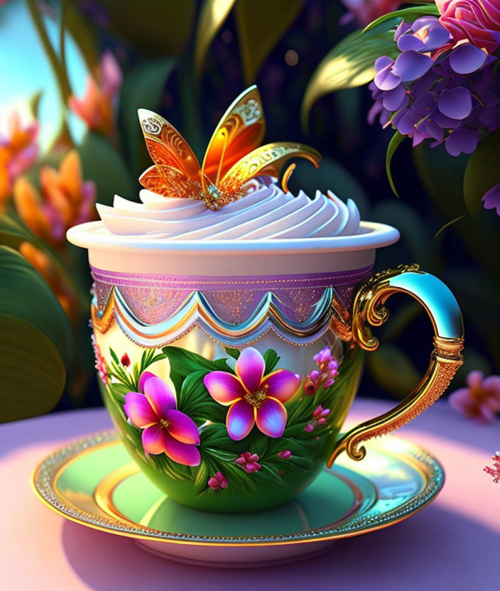 Colorful Floral Cup with Gold Trim and Butterfly on Whipped Cream