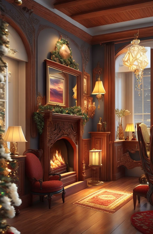 Warmly decorated Christmas room with fireplace and golden chandelier