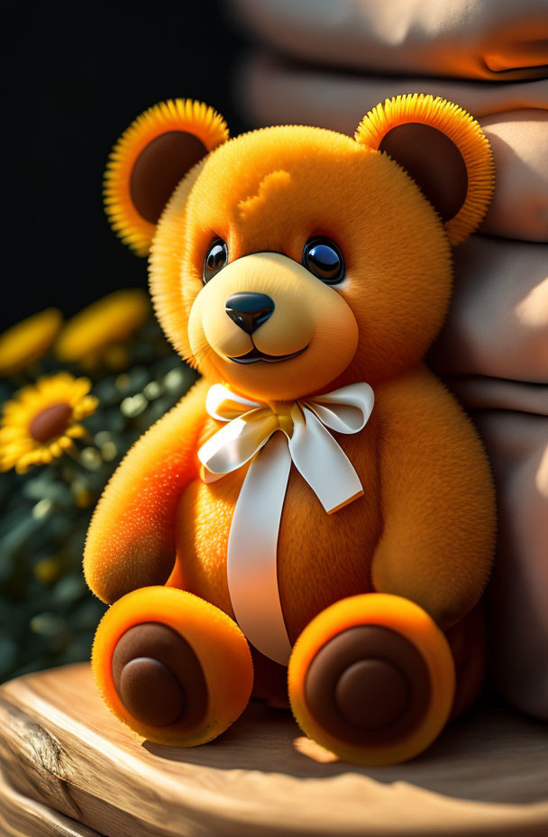 Orange Teddy Bear with White Bow Next to Sunflowers in Warm Light