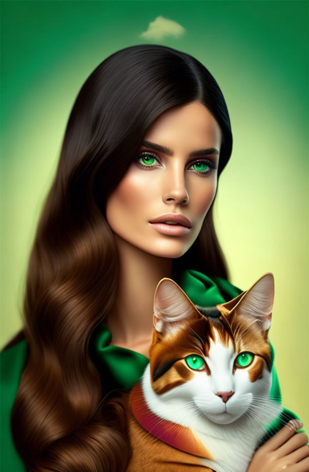 Illustrated portrait of woman with long brunette hair and green eyes holding cat