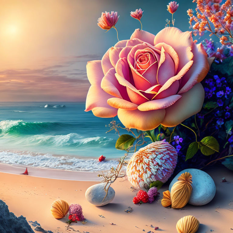 Surreal beach scene with giant rose, shells, flowers, and crashing waves