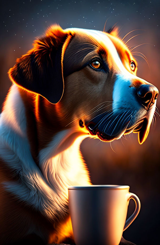 Colorful Digital Illustration: Brown and White Dog with Cup Under Starry Night