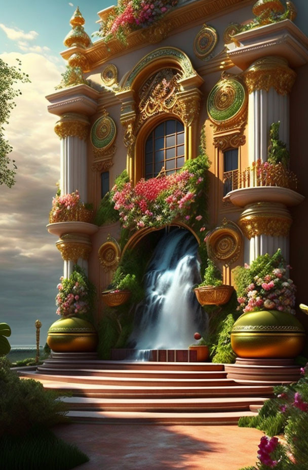 Luxurious golden palace with columned entrance and waterfall, set in lush garden.