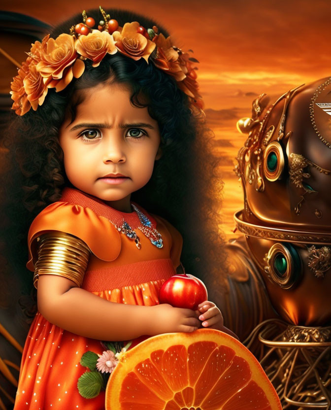 Digital artwork: Young girl in orange dress with expressive eyes holding apple next to metallic owl