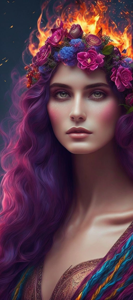 Digital Artwork: Woman with Purple Hair & Floral Crown, Flames in Flowers