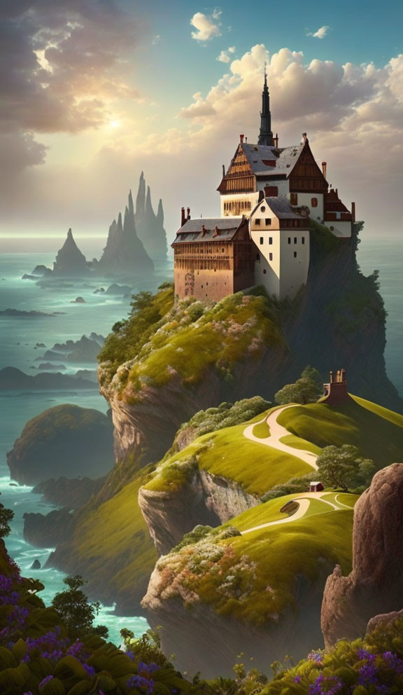 Majestic castle on cliff overlooking ocean