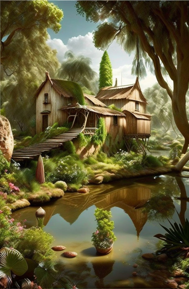 Wooden cottage with balcony by tranquil pond and lush greenery