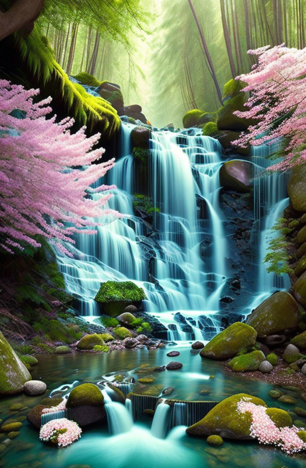 Tranquil waterfall scene with mossy rocks, green trees, pink blossoms, and sun rays