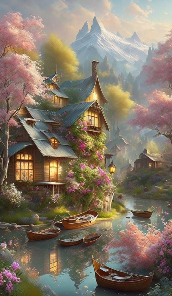 Scenic village with wooden house, cherry blossoms, river, and mountains