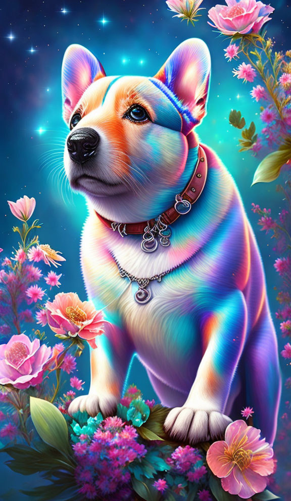 Colorful corgi illustration with studded collar in floral setting