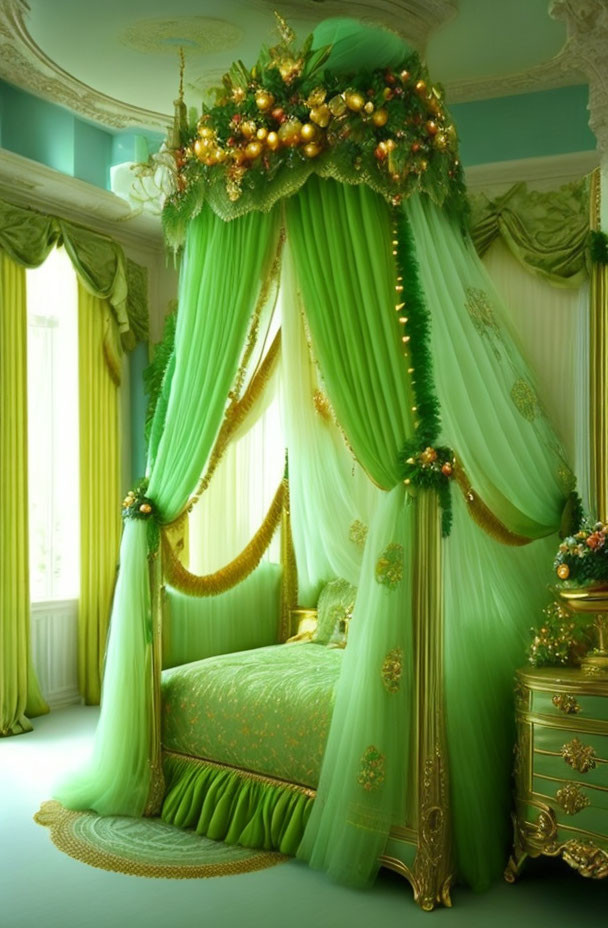 Opulent Green-Themed Bedroom with Canopy Bed & Gold Accents