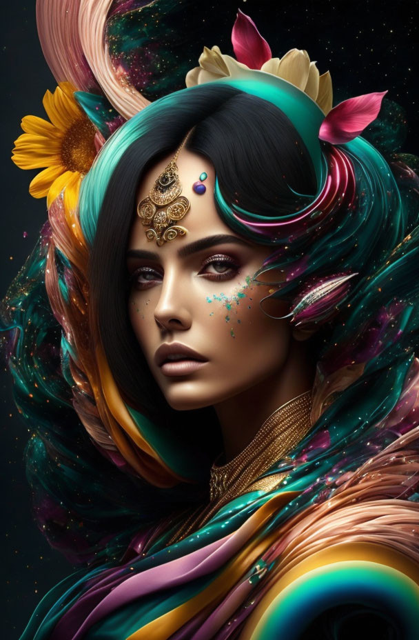 Surreal portrait of a woman with vibrant hair and flowers on dark background