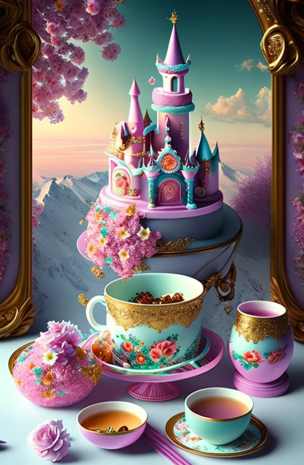 Fairytale-themed image: Castle cake, floral teacups, mountain backdrop