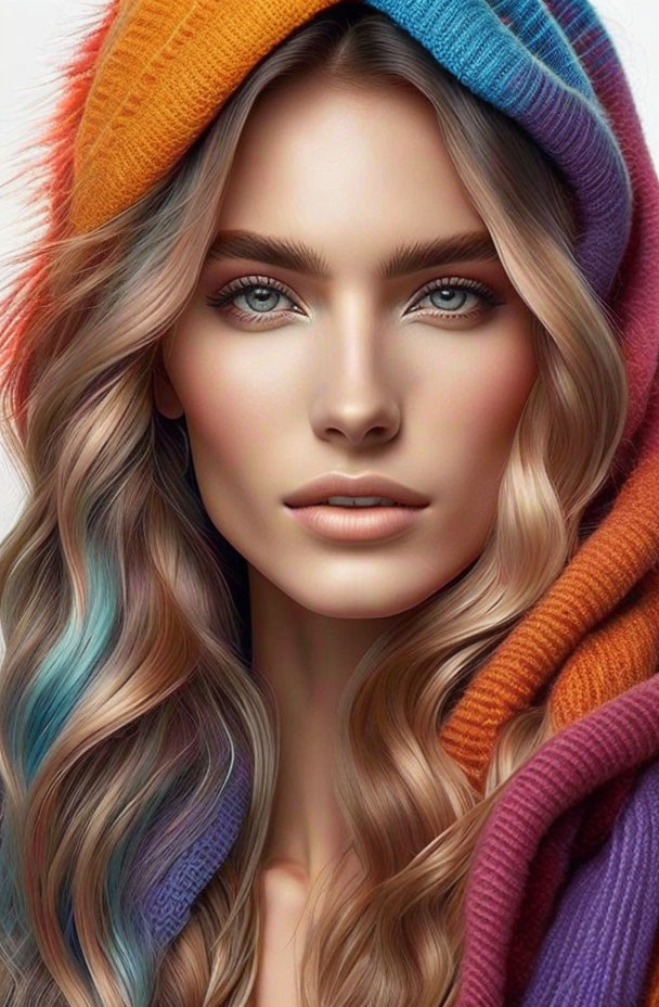 Woman with Striking Blue Eyes in Colorful Knitted Hat