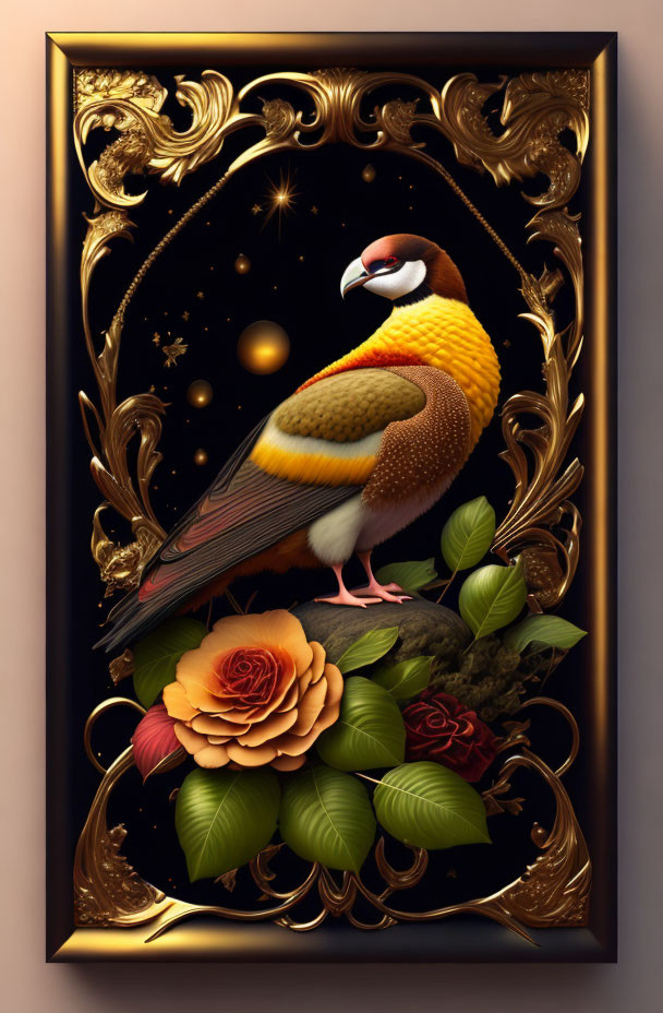 Colorful bird painting with rose and stars in ornate frame