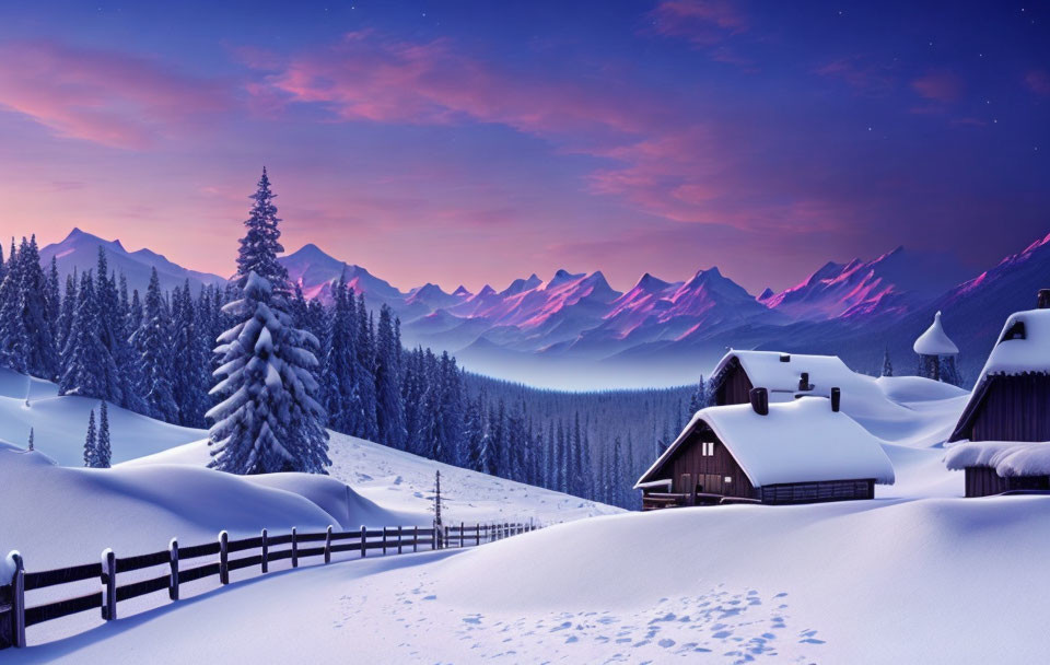 Snow-covered winter village with purple mountains under starry sky