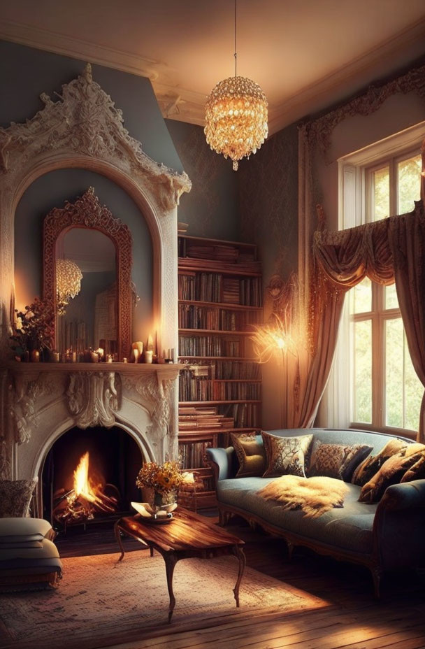 Luxurious Living Room with Fireplace, Mirror, Chandelier, Bookshelves & Sofa