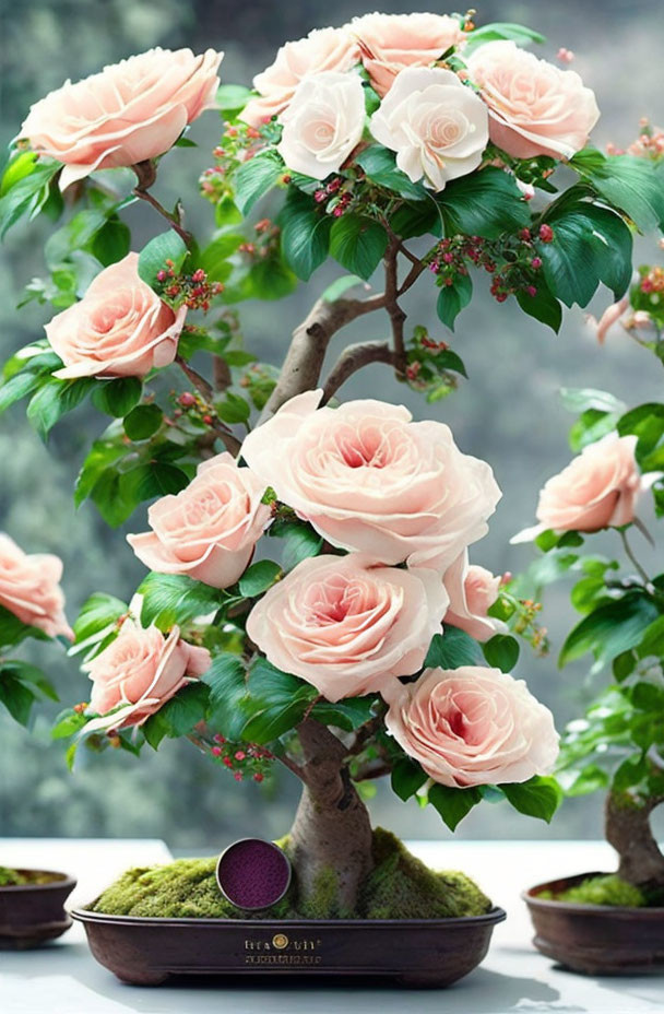 Potted bonsai tree with oversized pink roses and green leaves