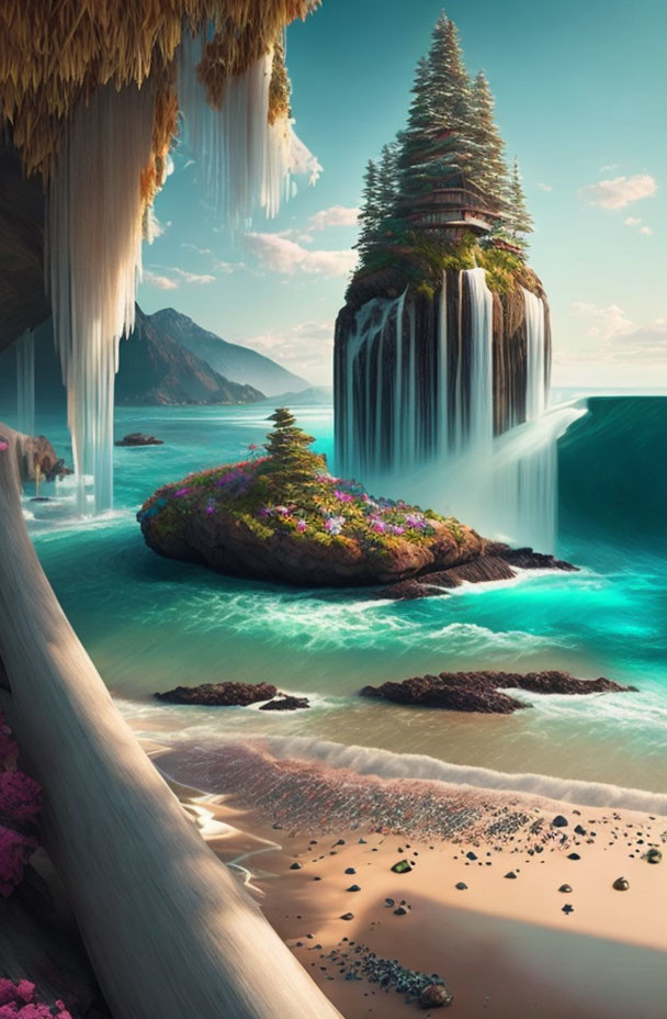 Majestic island cliff with cascading waterfalls and turquoise sea