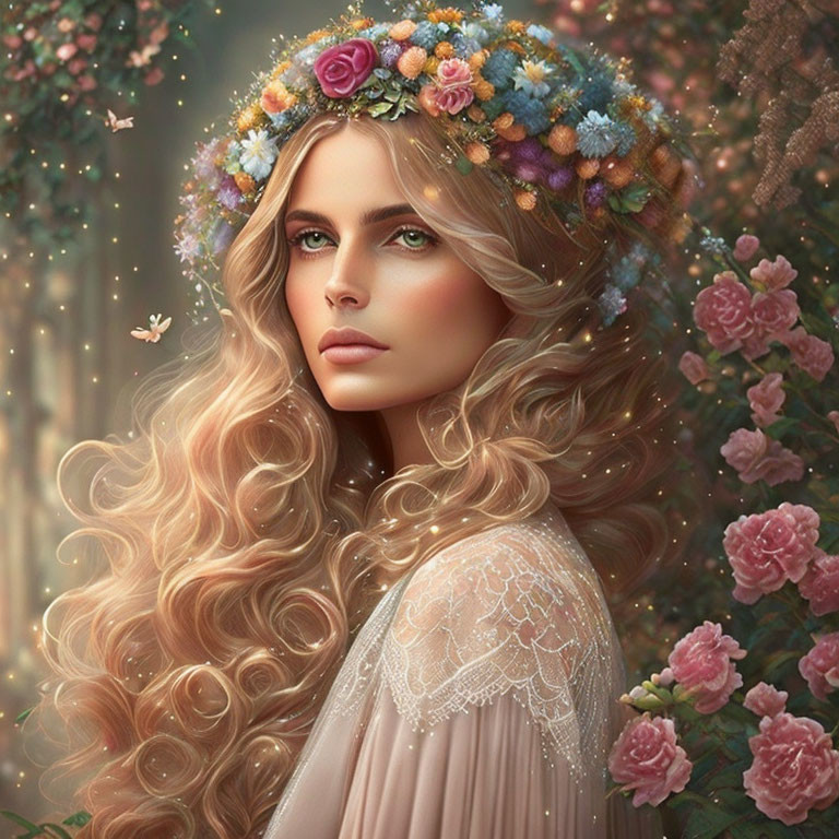 Blonde Woman Portrait with Floral Crown and Nature Elements