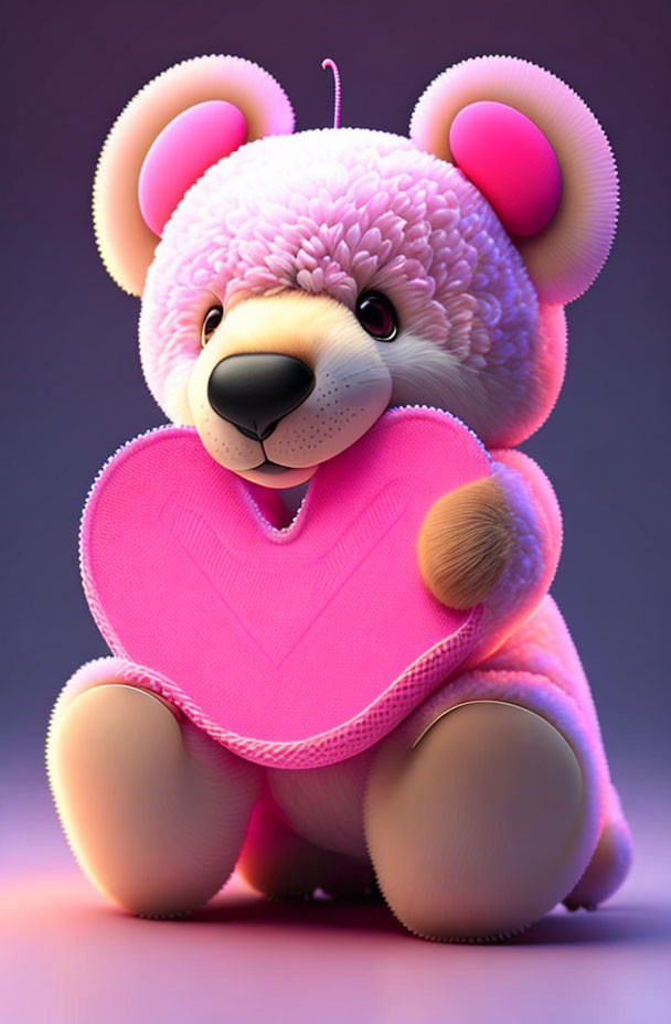 Pink Teddy Bear Holding Heart on Purple Background