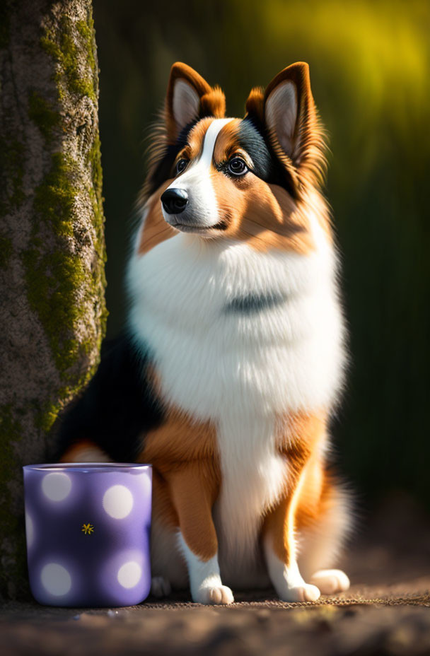 Tricolor Shetland Sheepdog with purple star cup in soft sunlight