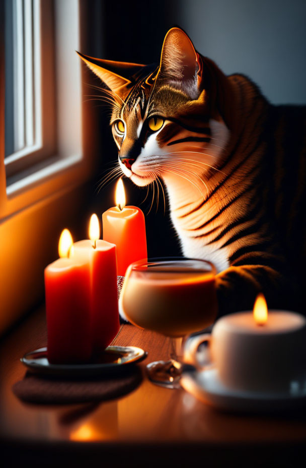 Tabby Cat with Red Candles and Coffee Cups at Sunset