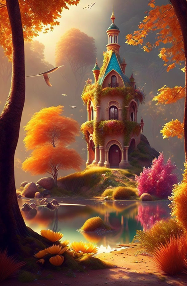 Spire roof fairy-tale cottage in autumnal forest pond