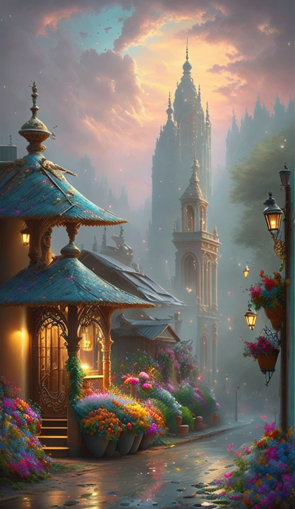 Cobblestone street with vibrant flowers, ornate lampposts, and gothic spire