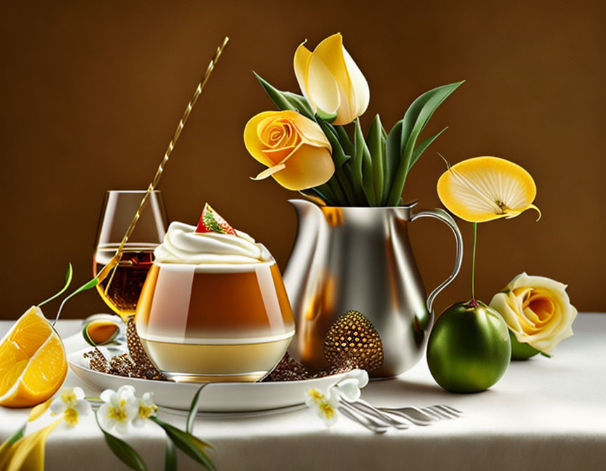 Dessert, Drink, Fruit Slices, Flowers in Still Life Composition