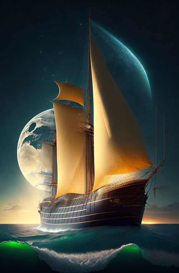 Sailing ship on ocean waves under luminous moon