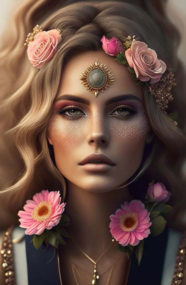 Woman with Sparkling Freckles and Floral Adornments in Bohemian Style