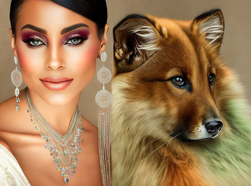 Split image: woman with striking makeup beside detailed fox illustration