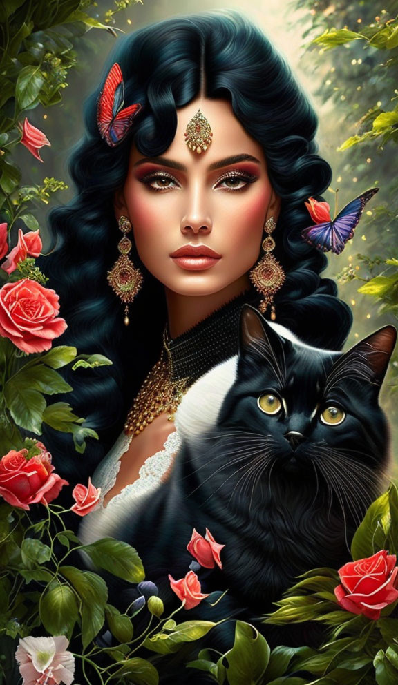 Illustrated woman with jewelry and butterflies, black cat in lush floral setting