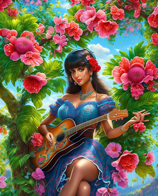 Dark-haired woman plays guitar surrounded by lush foliage and pink flowers under blue sky