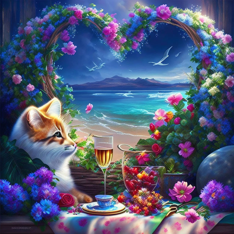 Whimsical fox, teal cup, wine glass in heart-shaped floral arch scene