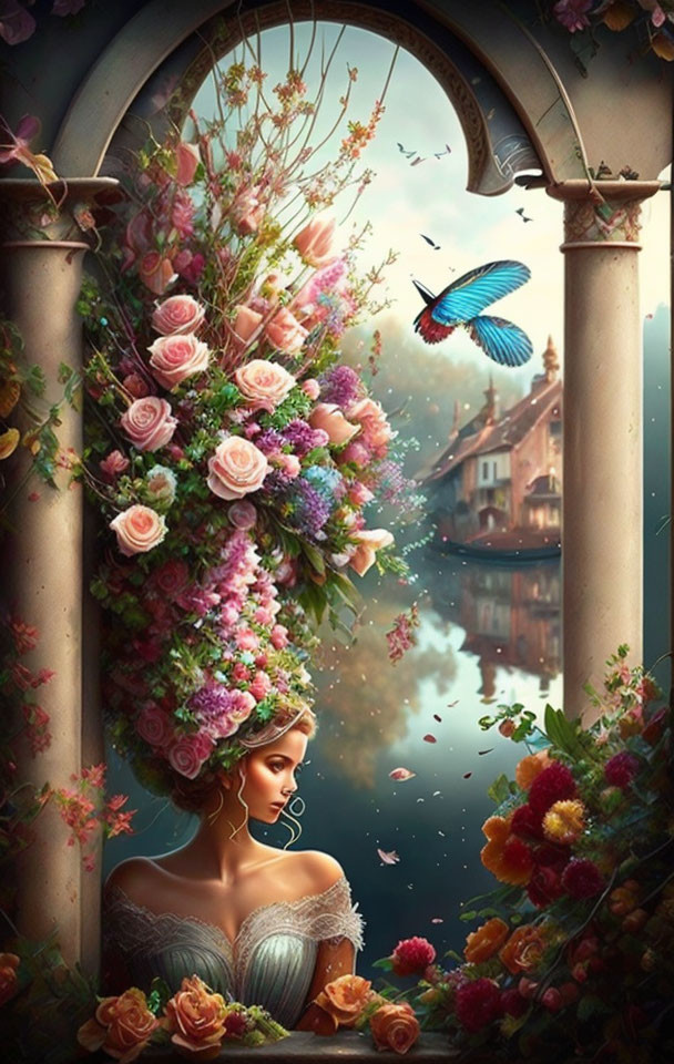 Ethereal woman in floral setting by tranquil waterway with butterfly