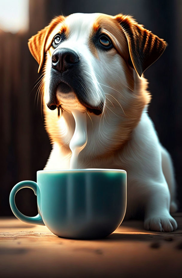 Brown and White Dog with Teal Coffee Cup in Sunlight