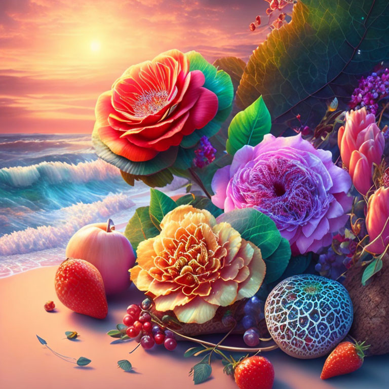 Colorful Still Life with Flowers, Fruits, Sunset, and Ocean Waves