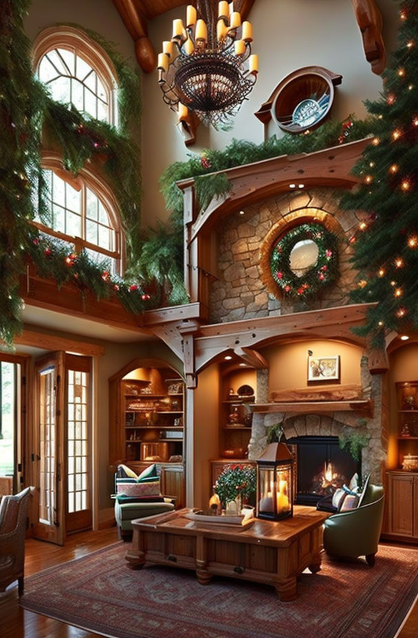 Festive Interior with Fireplace, Christmas Tree, and Spiral Staircase