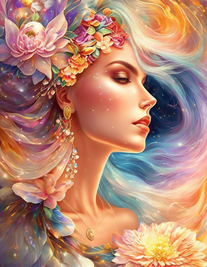 Woman with Colorful Flowing Hair and Floral Adornments in Vibrant Artwork