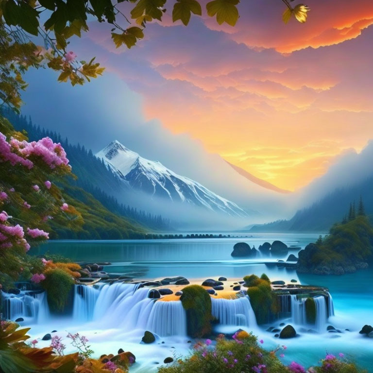 Serene sunrise landscape with waterfall, lake, mountains, and foliage