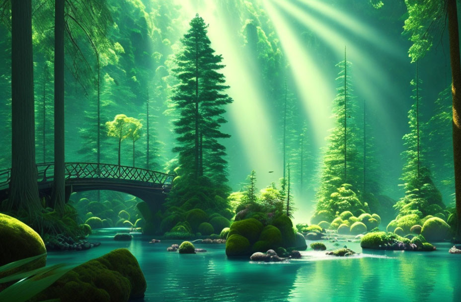 Mystical forest scene with towering trees, serene river, sunlight, and quaint bridge