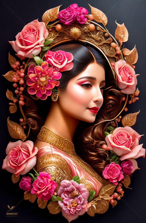 Stylized portrait of woman in traditional attire with gold jewelry and pink roses